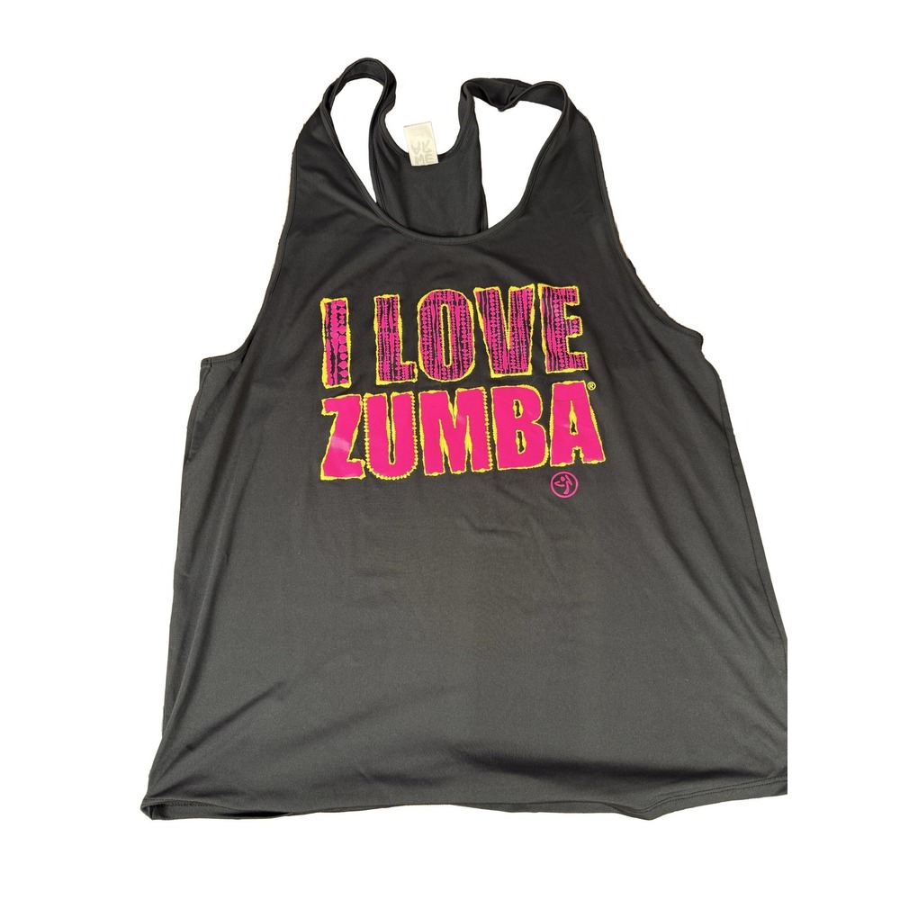 Zumba I Love Zumba Racerback Tank Top Women's L Black Pink Yellow Dance Yoga
